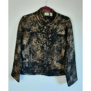 Chicos Womans Tan/Black Geometric Print Jacket with Silver Buttons Size 1